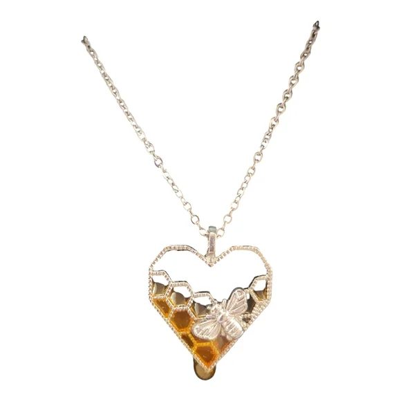 Silver Tone Honey Bee in Honeycomb Heart Necklace - Picture 4 of 4